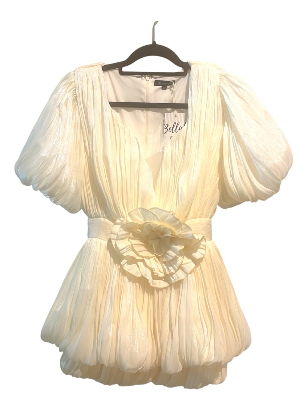NWT Bella Barnett Bubble Mini Dress Cream Pleated XS Romantic Ethereal Shimmer